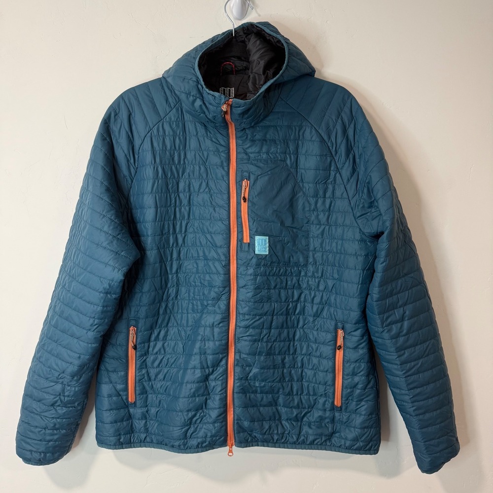 Topo Designs Global Puffer Hoodie Jacket XL Teal Blue Quilted Recycled Nylon